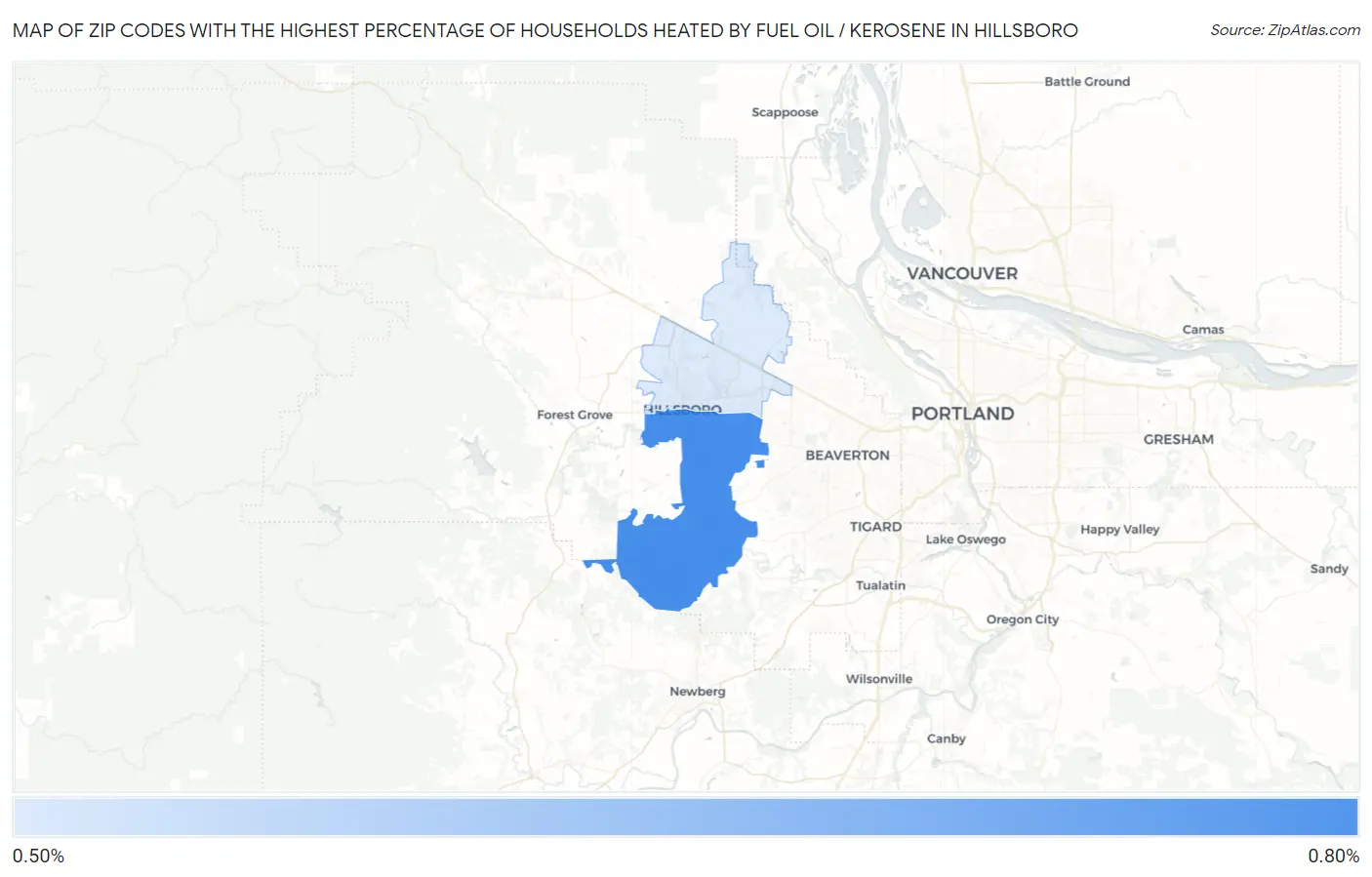 Zip Codes with the Highest Percentage of Households Heated by Fuel Oil / Kerosene in Hillsboro Map
