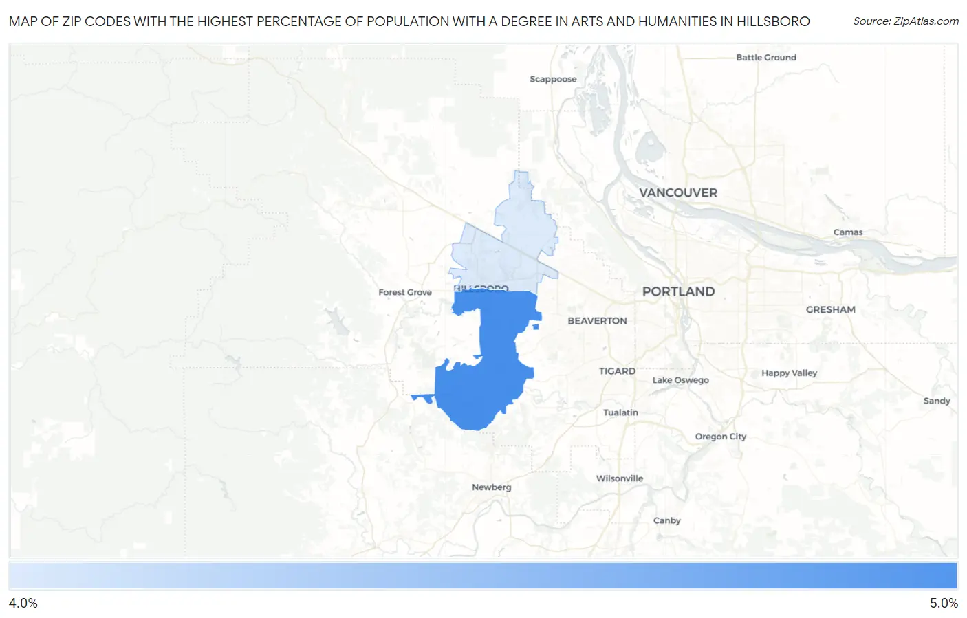 Zip Codes with the Highest Percentage of Population with a Degree in Arts and Humanities in Hillsboro Map