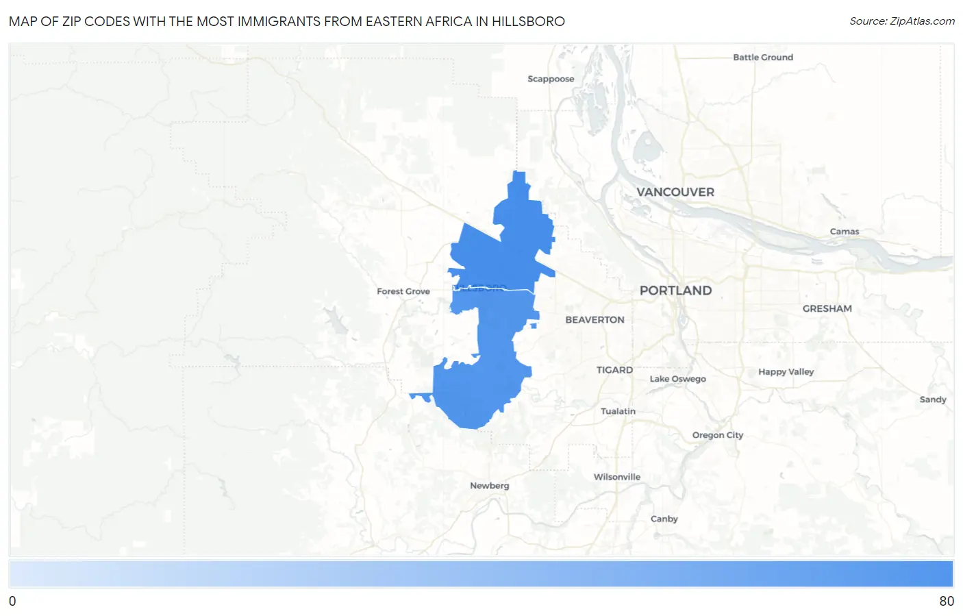 Zip Codes with the Most Immigrants from Eastern Africa in Hillsboro Map