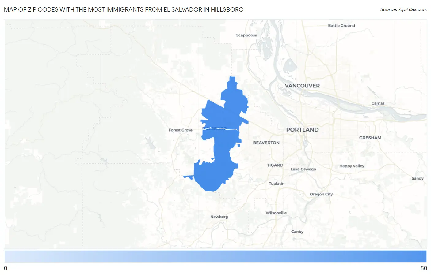 Zip Codes with the Most Immigrants from El Salvador in Hillsboro Map