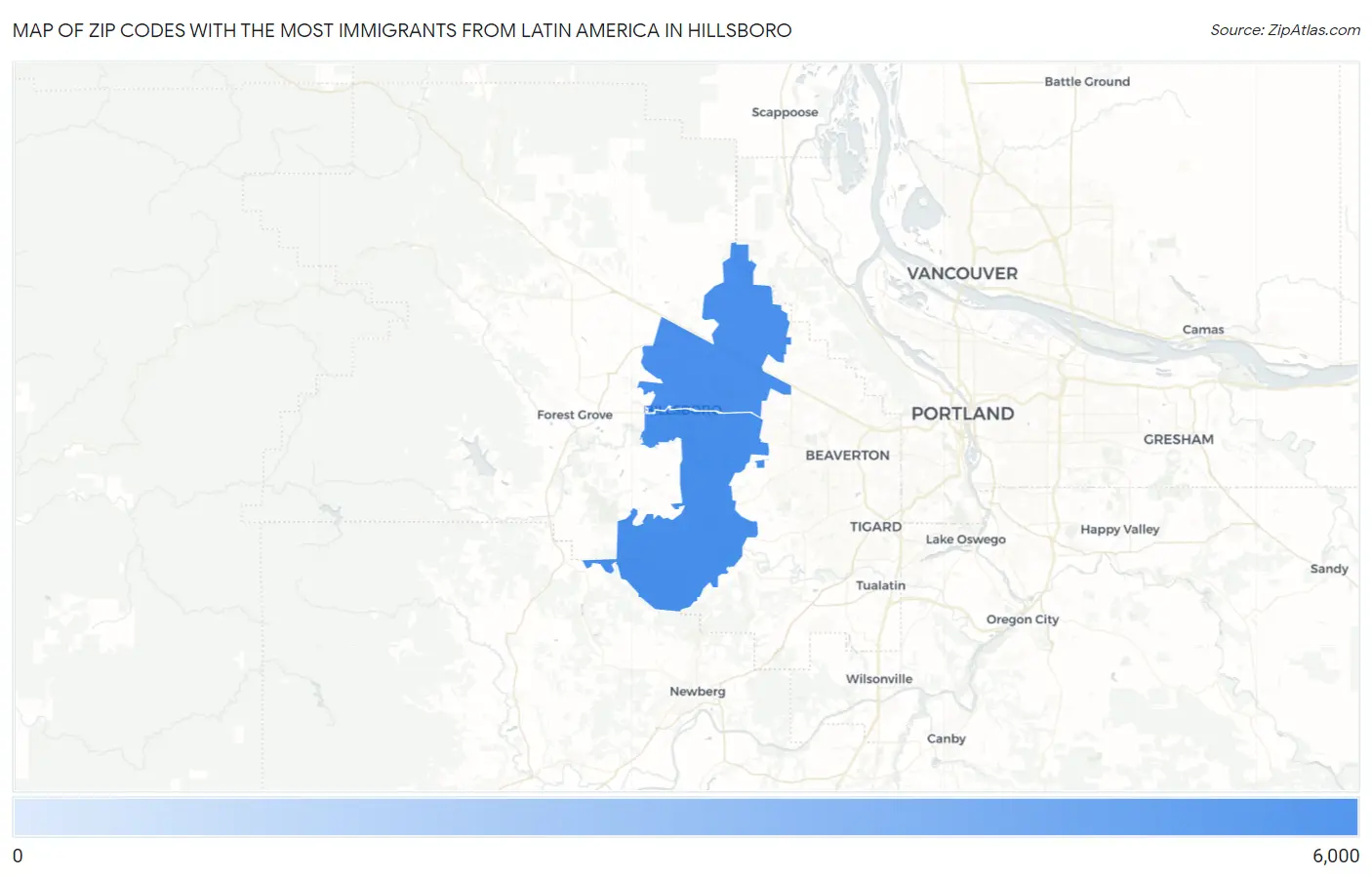 Zip Codes with the Most Immigrants from Latin America in Hillsboro Map