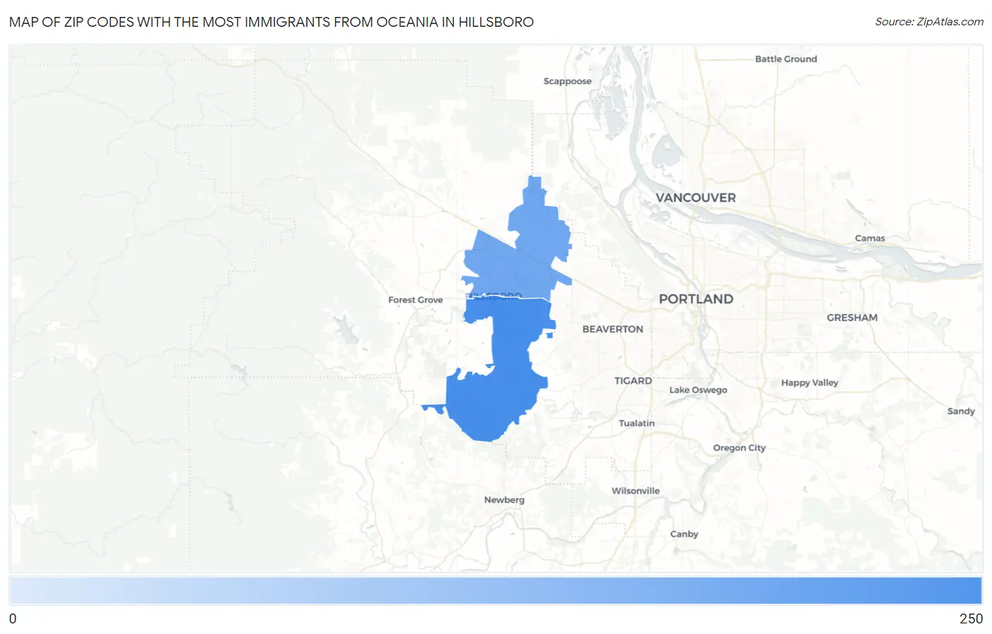 Zip Codes with the Most Immigrants from Oceania in Hillsboro Map