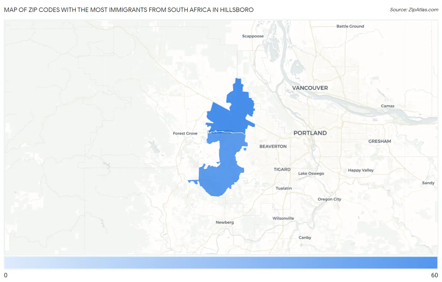 Zip Codes with the Most Immigrants from South Africa in Hillsboro Map