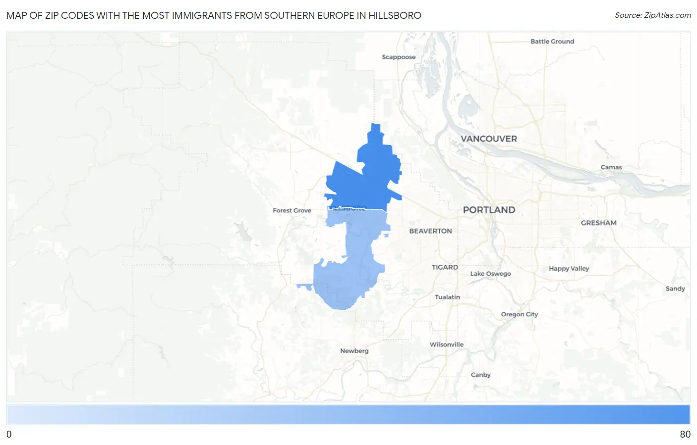 Zip Codes with the Most Immigrants from Southern Europe in Hillsboro Map