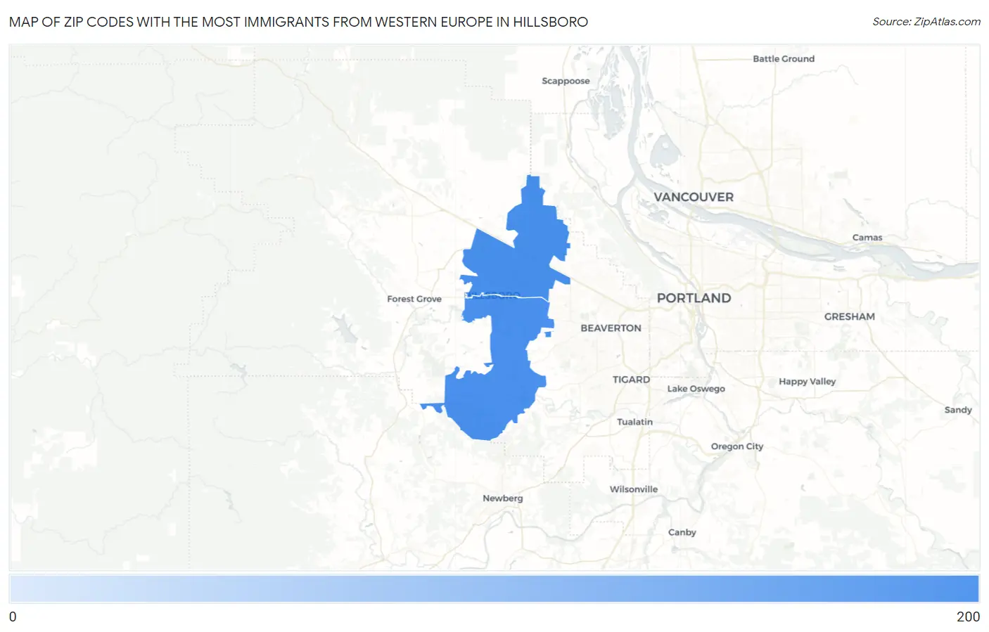 Zip Codes with the Most Immigrants from Western Europe in Hillsboro Map