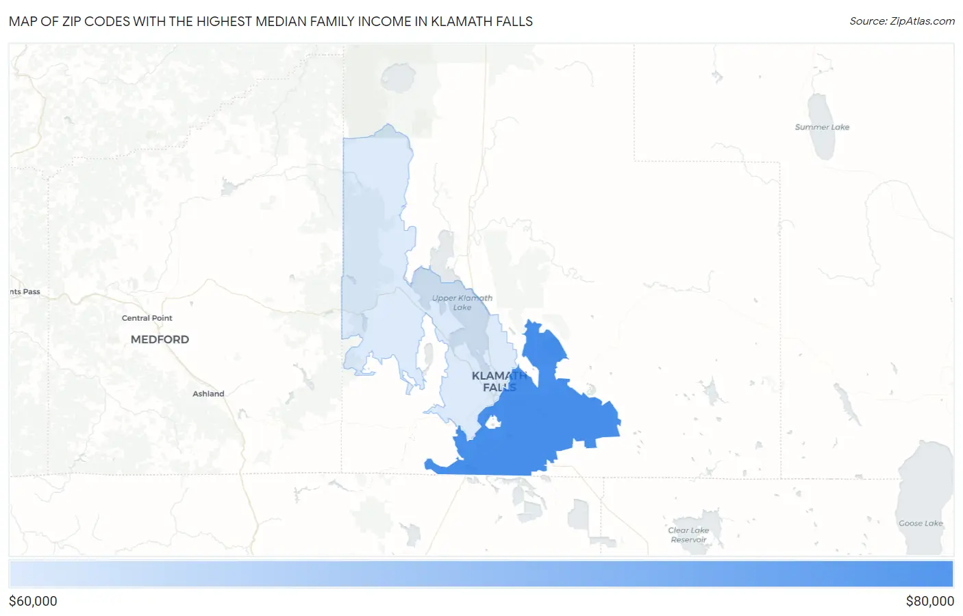Zip Codes with the Highest Median Family Income in Klamath Falls Map