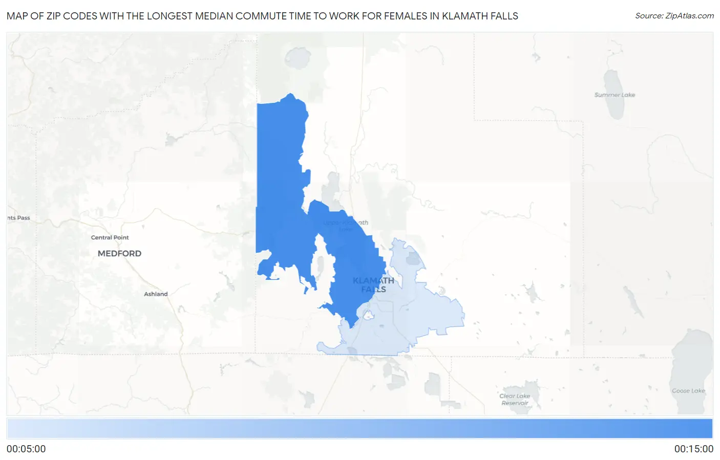 Zip Codes with the Longest Median Commute Time to Work for Females in Klamath Falls Map