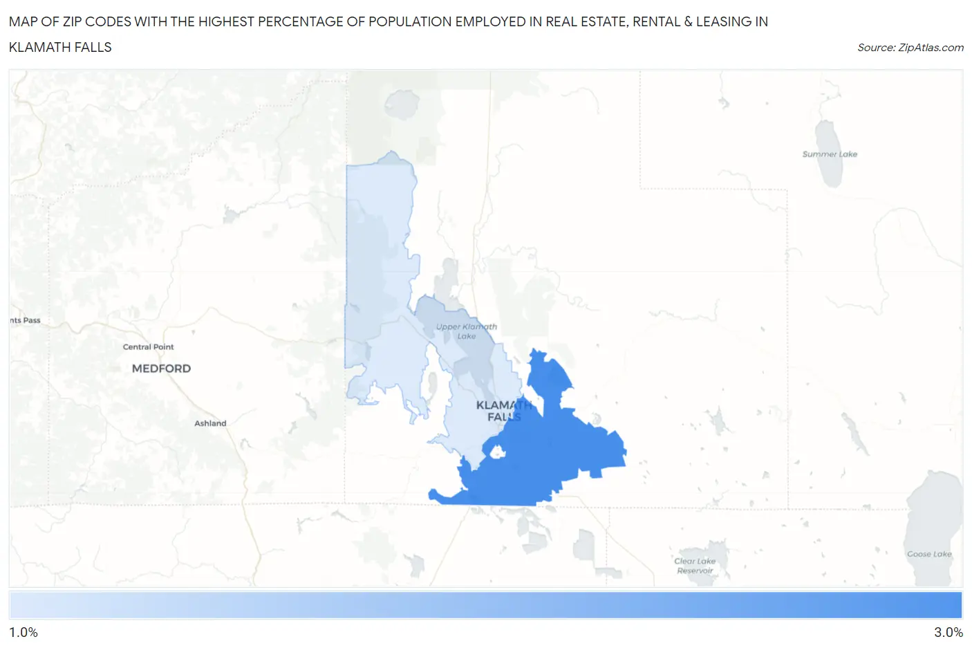 Zip Codes with the Highest Percentage of Population Employed in Real Estate, Rental & Leasing in Klamath Falls Map