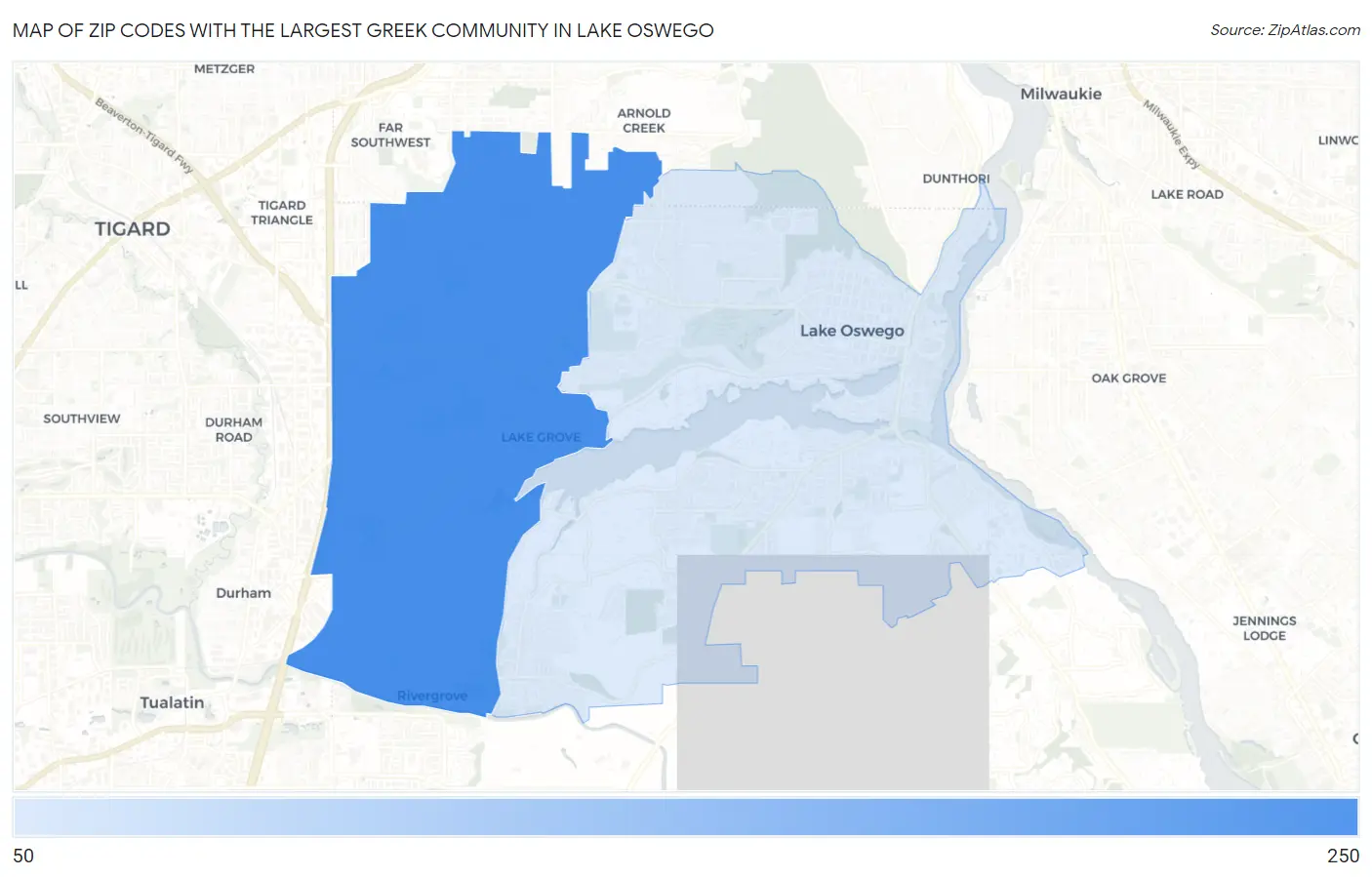 Zip Codes with the Largest Greek Community in Lake Oswego Map