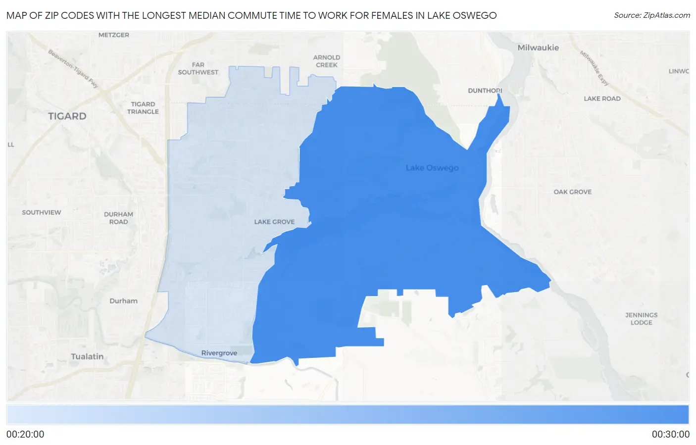 Zip Codes with the Longest Median Commute Time to Work for Females in Lake Oswego Map