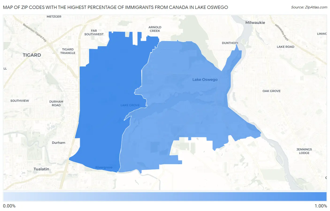 Zip Codes with the Highest Percentage of Immigrants from Canada in Lake Oswego Map