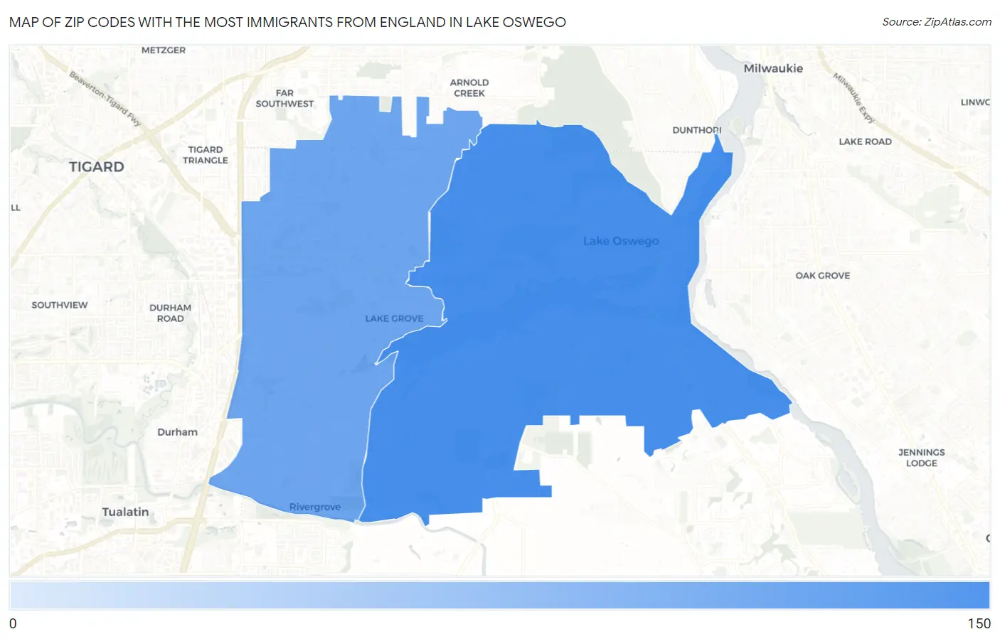 Zip Codes with the Most Immigrants from England in Lake Oswego Map