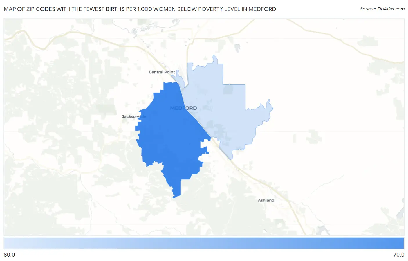 Zip Codes with the Fewest Births per 1,000 Women Below Poverty Level in Medford Map