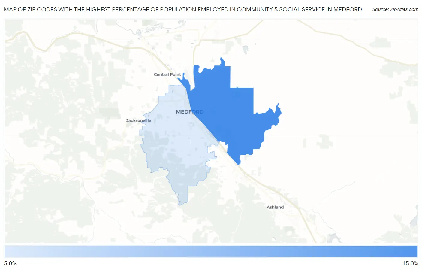 Zip Codes with the Highest Percentage of Population Employed in Community & Social Service  in Medford Map