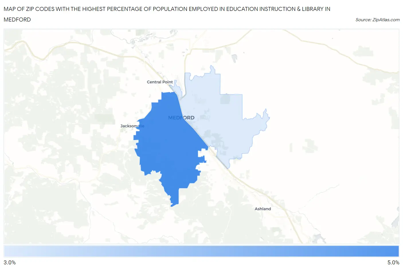 Zip Codes with the Highest Percentage of Population Employed in Education Instruction & Library in Medford Map