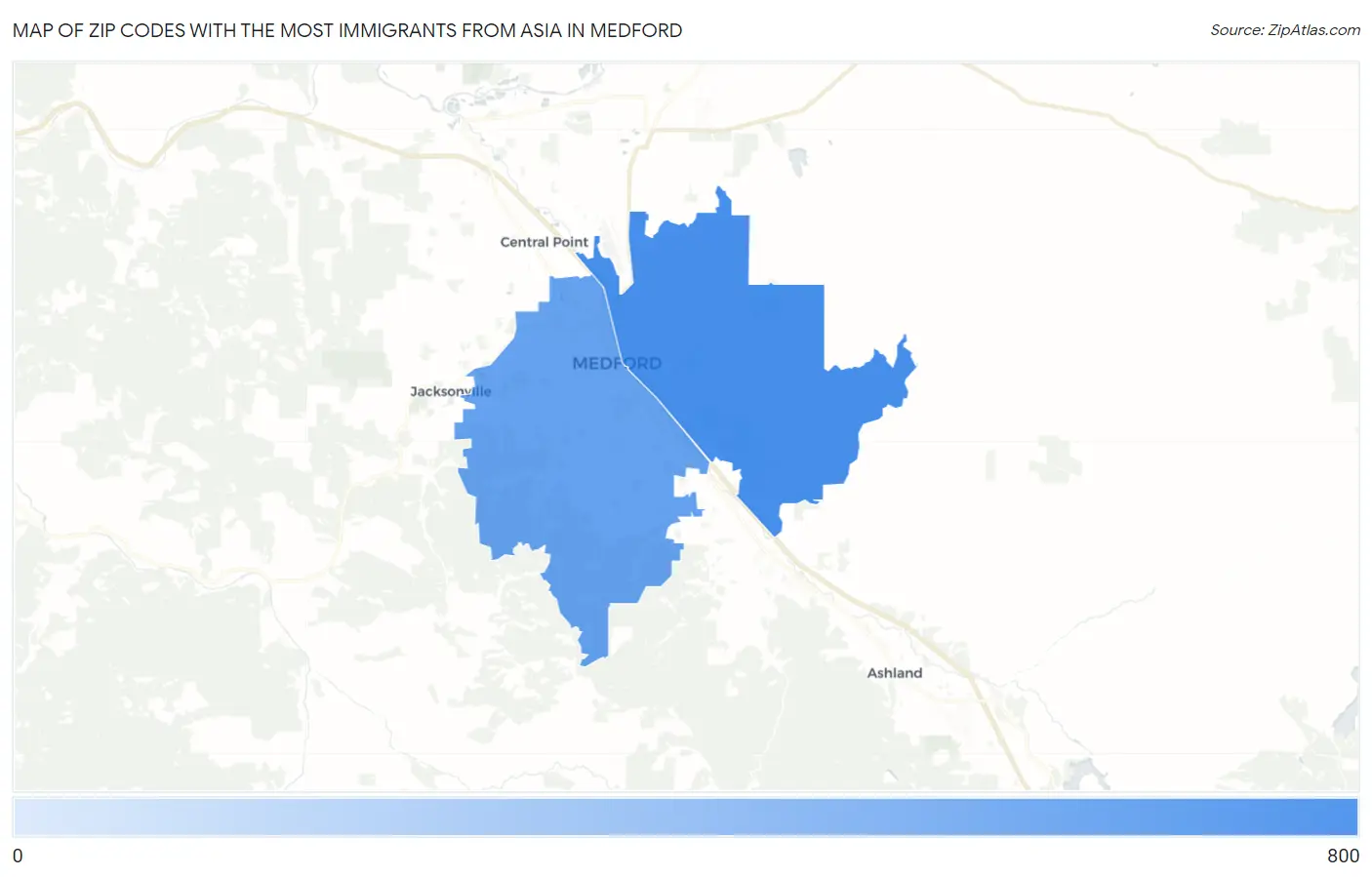 Zip Codes with the Most Immigrants from Asia in Medford Map