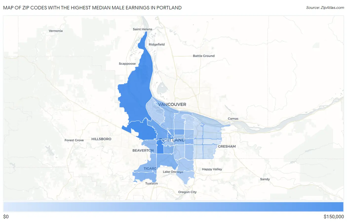 Zip Codes with the Highest Median Male Earnings in Portland Map