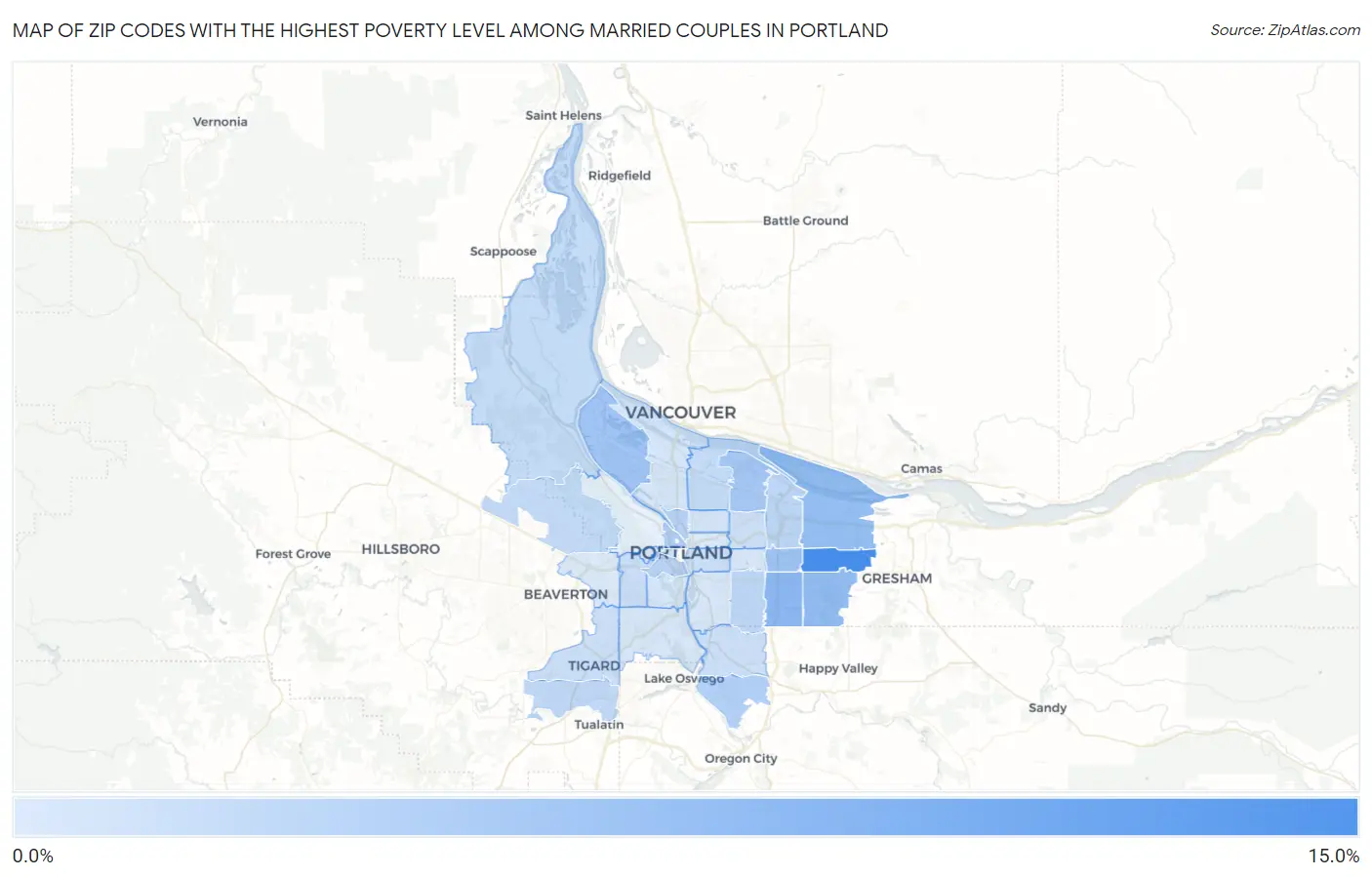 Zip Codes with the Highest Poverty Level Among Married Couples in Portland Map