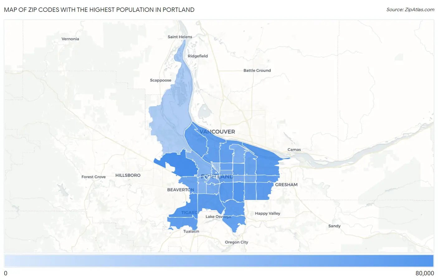 Zip Codes with the Highest Population in Portland Map
