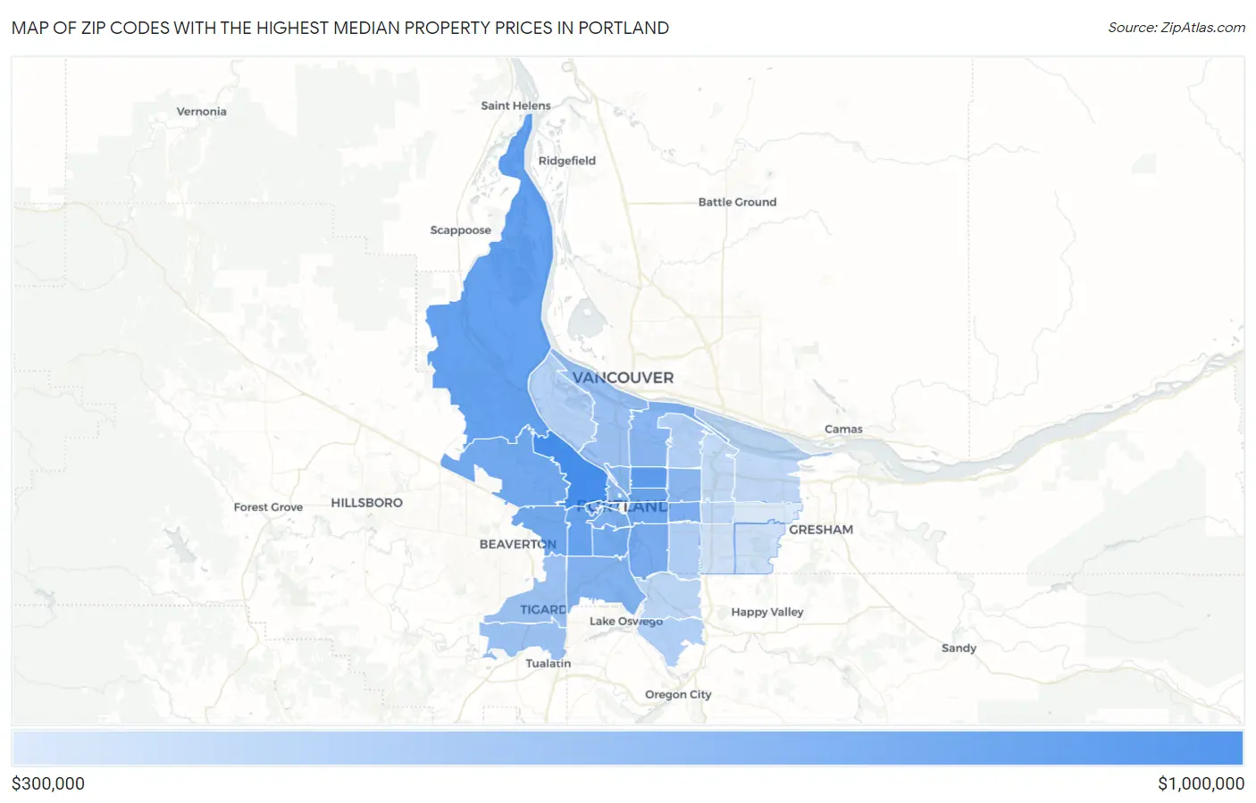Zip Codes with the Highest Median Property Prices in Portland Map