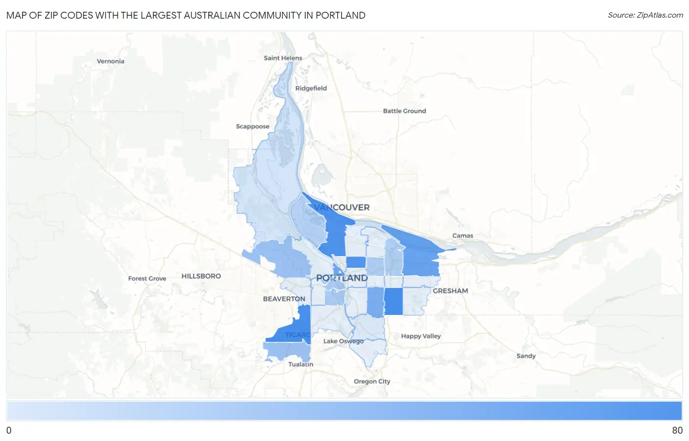Zip Codes with the Largest Australian Community in Portland Map