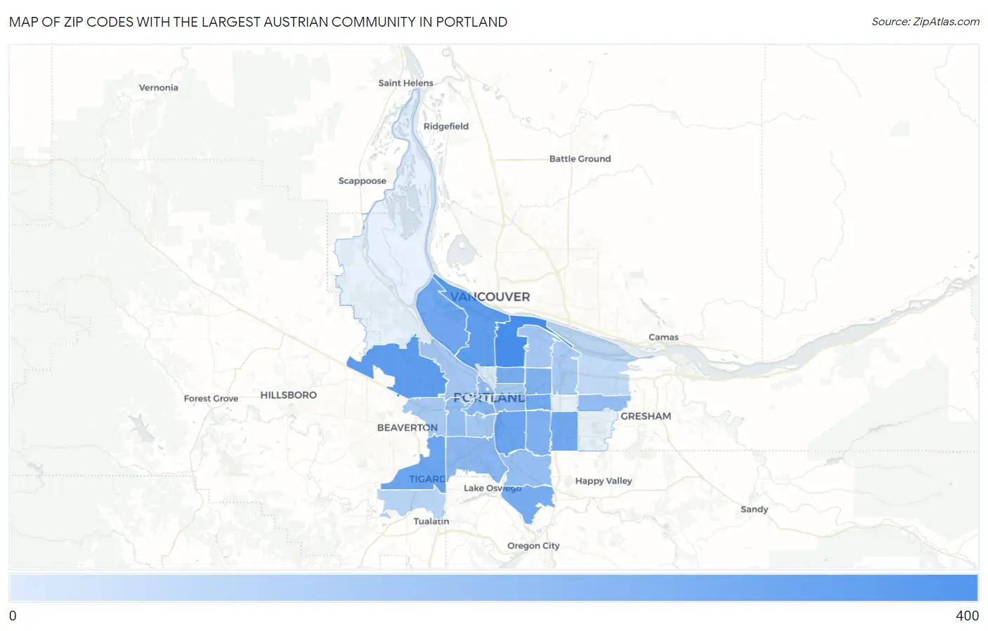 Zip Codes with the Largest Austrian Community in Portland Map