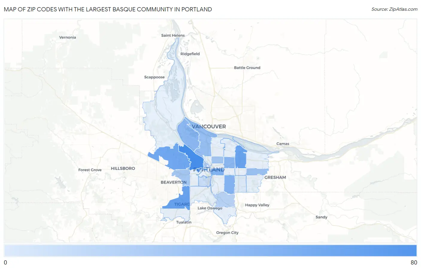 Zip Codes with the Largest Basque Community in Portland Map