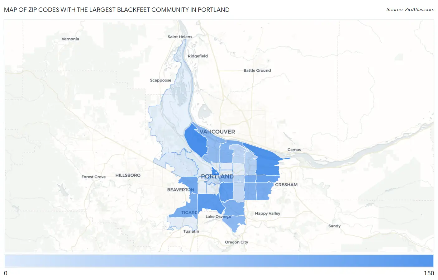 Zip Codes with the Largest Blackfeet Community in Portland Map