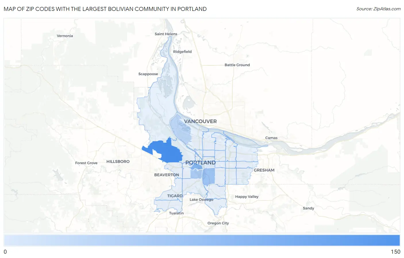 Zip Codes with the Largest Bolivian Community in Portland Map