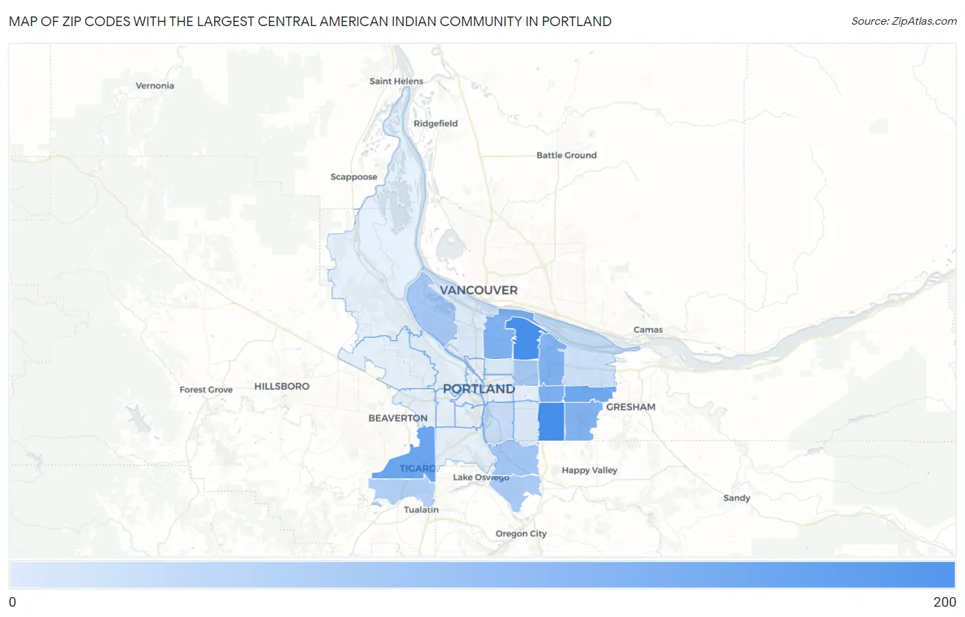 Zip Codes with the Largest Central American Indian Community in Portland Map