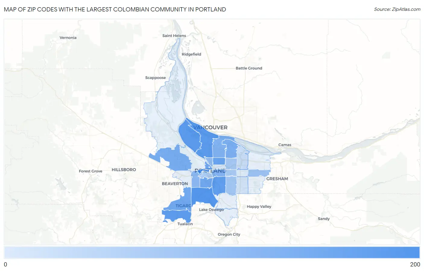 Zip Codes with the Largest Colombian Community in Portland Map