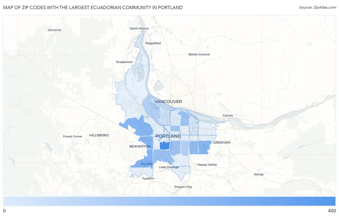 Zip Codes with the Largest Ecuadorian Community in Portland Map