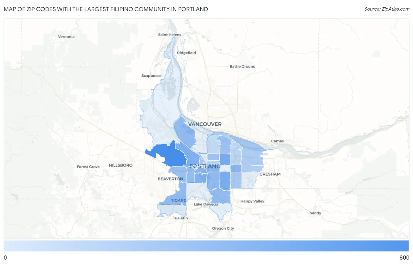 Zip Codes with the Largest Filipino Community in Portland Map
