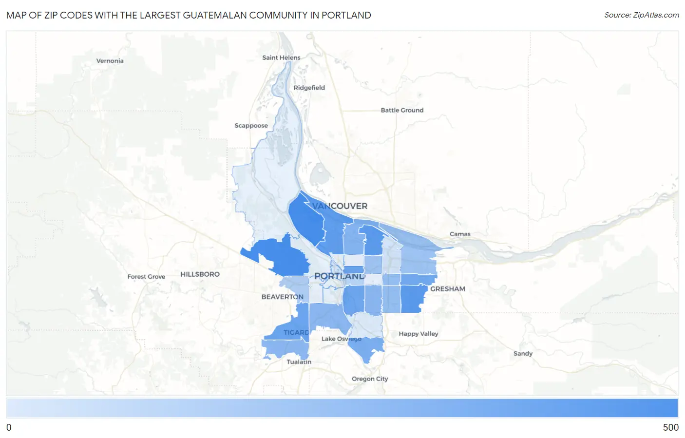 Zip Codes with the Largest Guatemalan Community in Portland Map