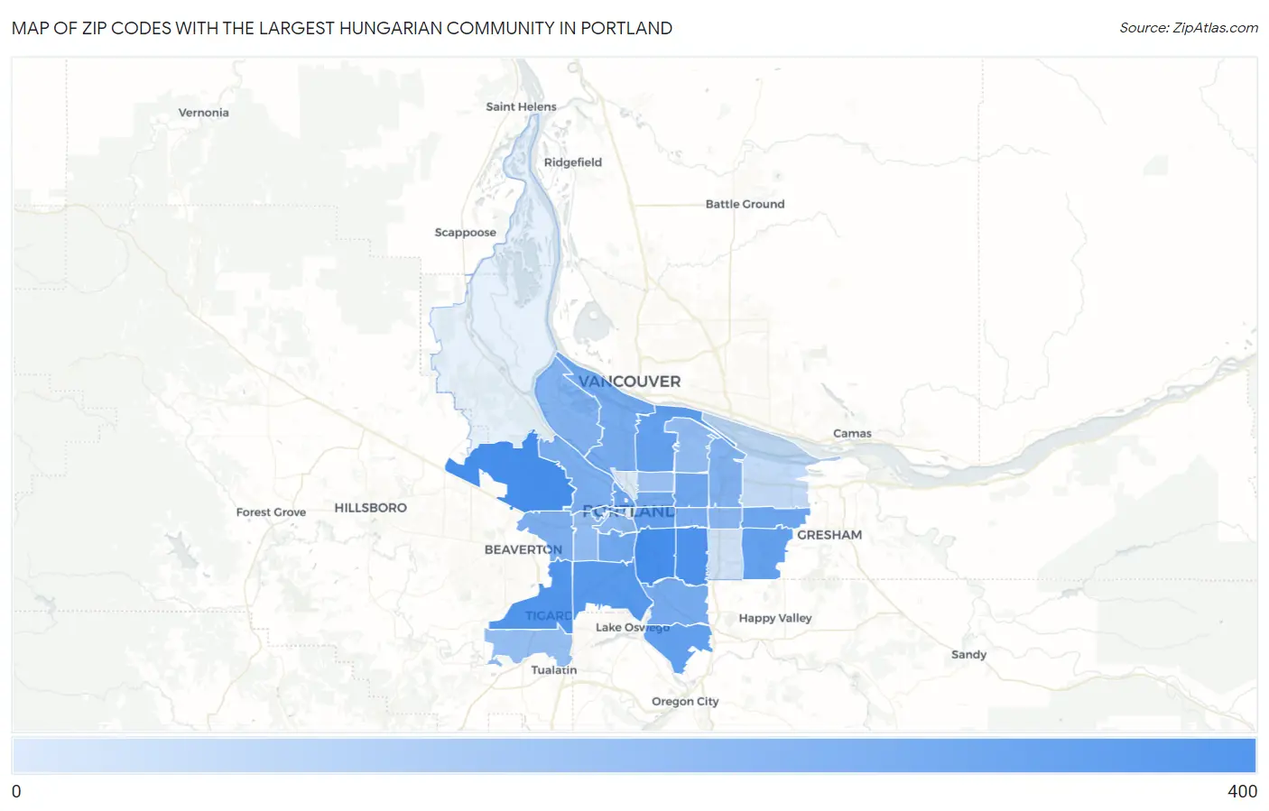 Zip Codes with the Largest Hungarian Community in Portland Map