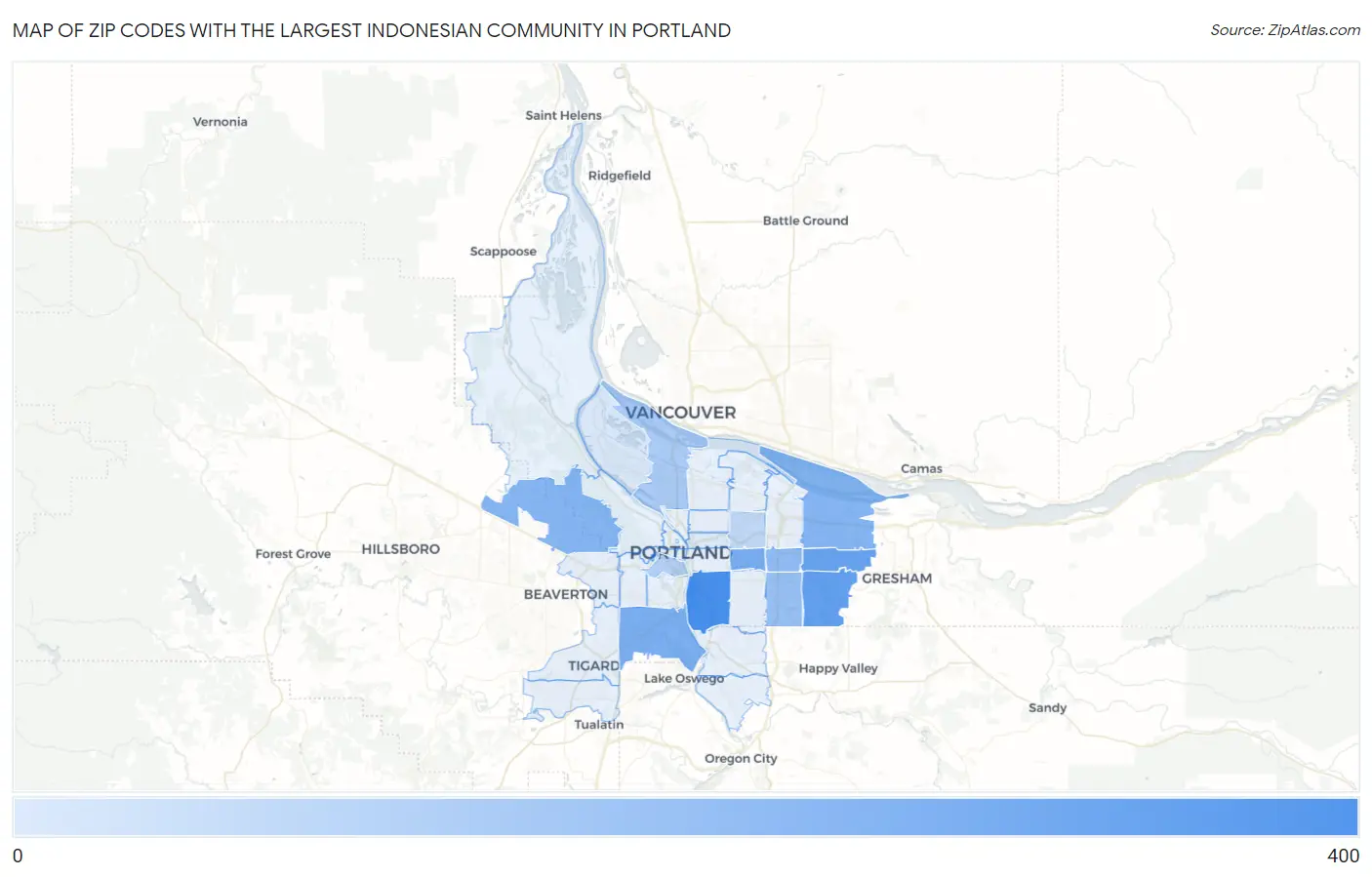 Zip Codes with the Largest Indonesian Community in Portland Map
