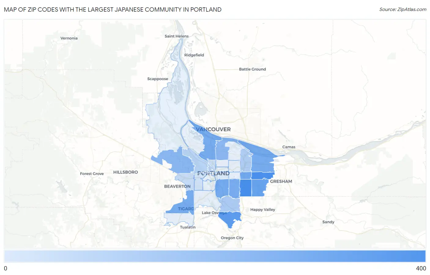 Zip Codes with the Largest Japanese Community in Portland Map