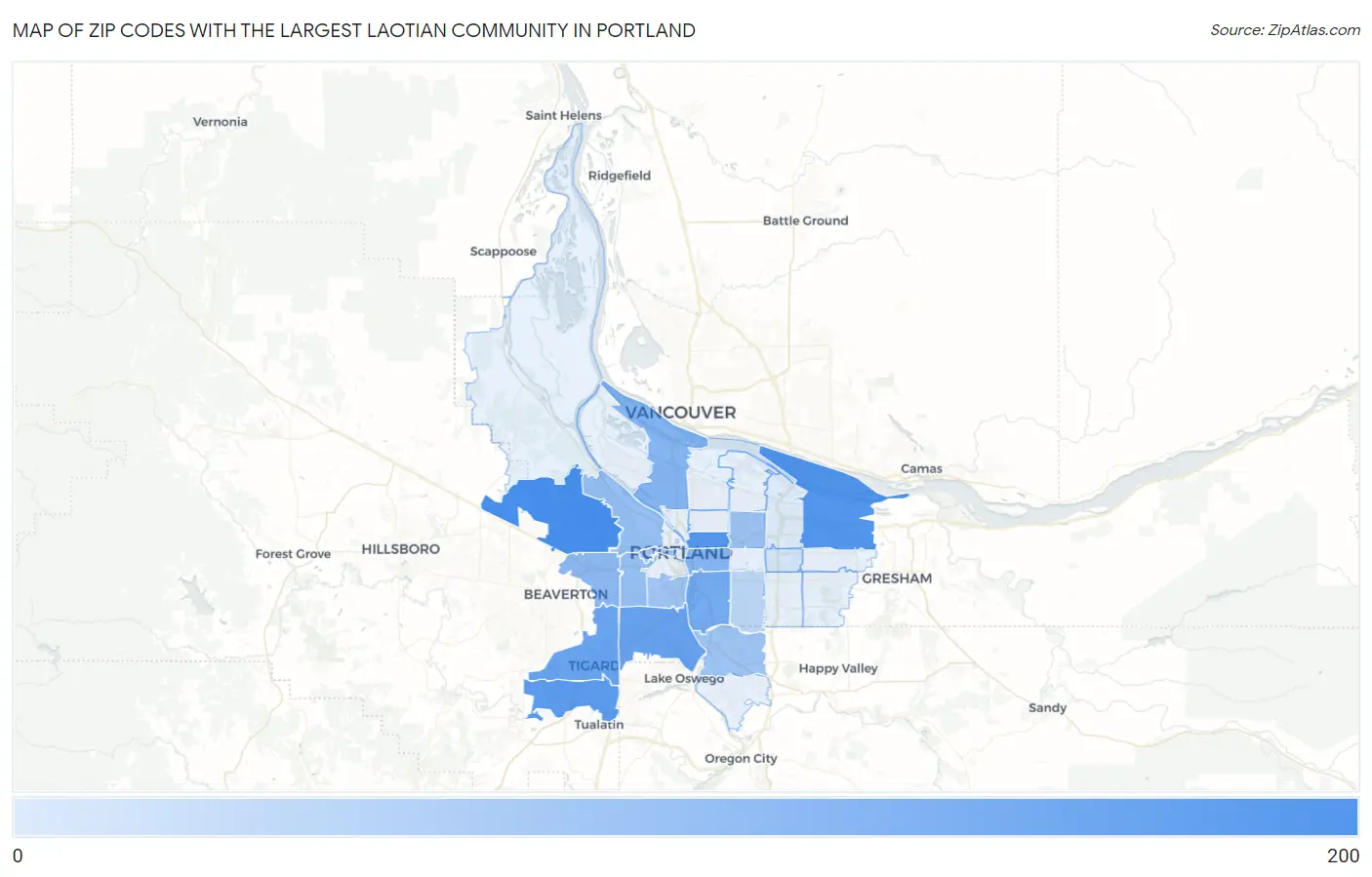 Zip Codes with the Largest Laotian Community in Portland Map