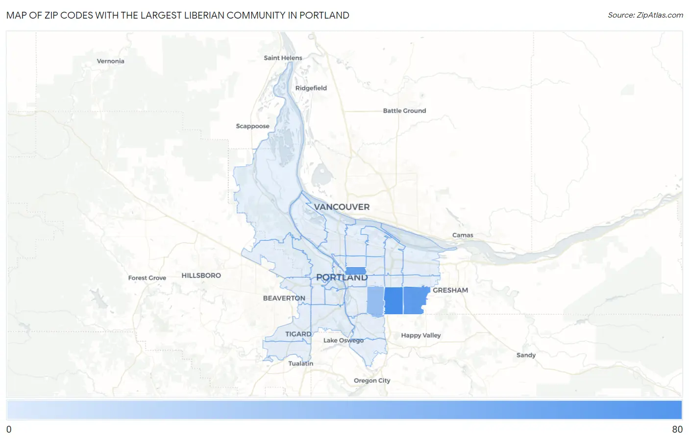 Zip Codes with the Largest Liberian Community in Portland Map