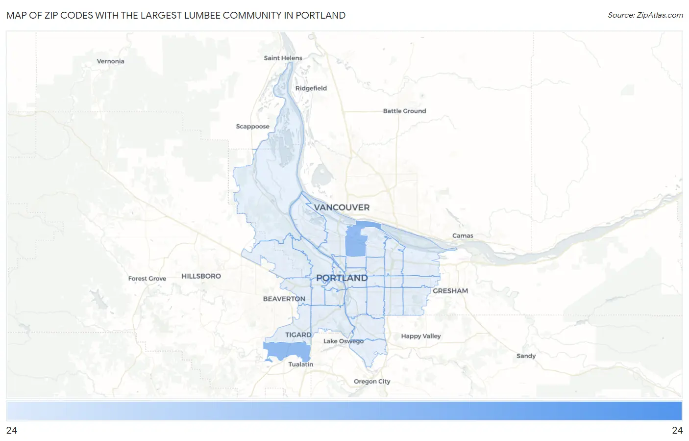 Zip Codes with the Largest Lumbee Community in Portland Map