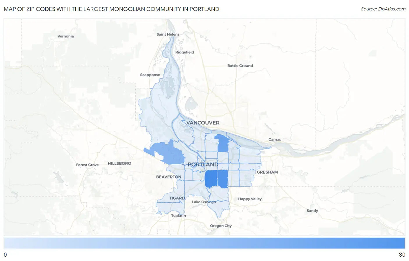 Zip Codes with the Largest Mongolian Community in Portland Map
