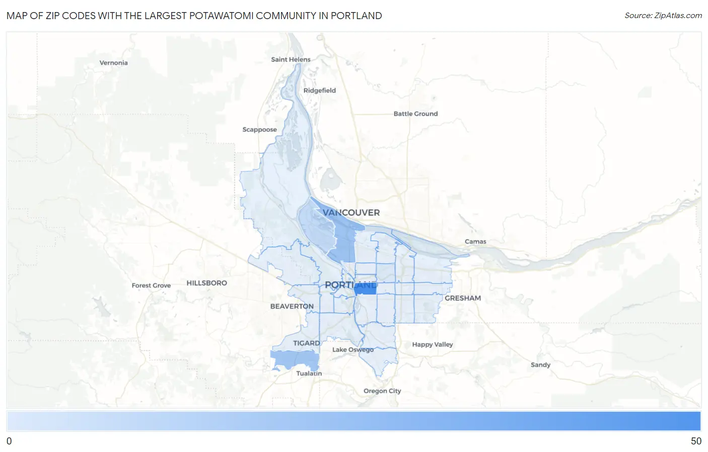 Zip Codes with the Largest Potawatomi Community in Portland Map