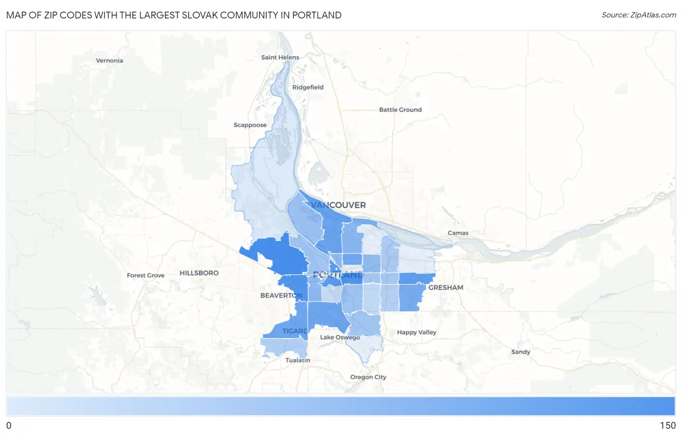 Zip Codes with the Largest Slovak Community in Portland Map