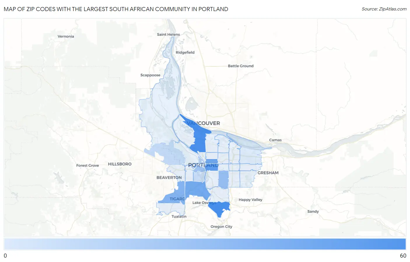 Zip Codes with the Largest South African Community in Portland Map