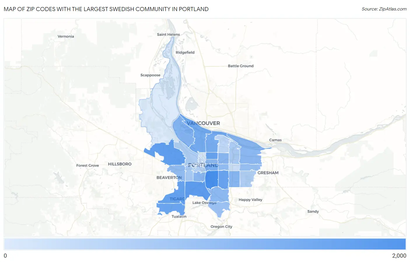 Zip Codes with the Largest Swedish Community in Portland Map