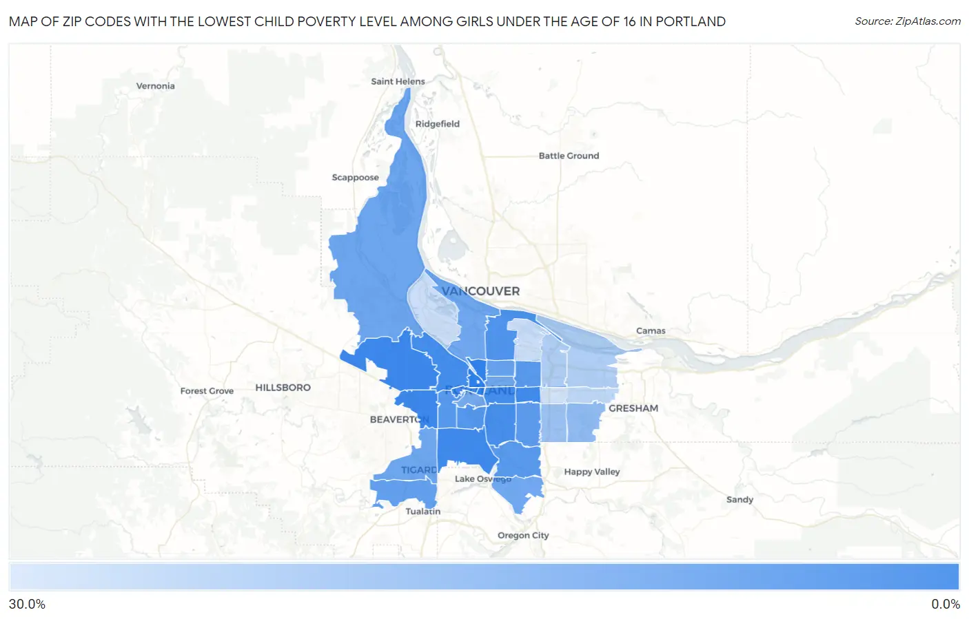 Zip Codes with the Lowest Child Poverty Level Among Girls Under the Age of 16 in Portland Map