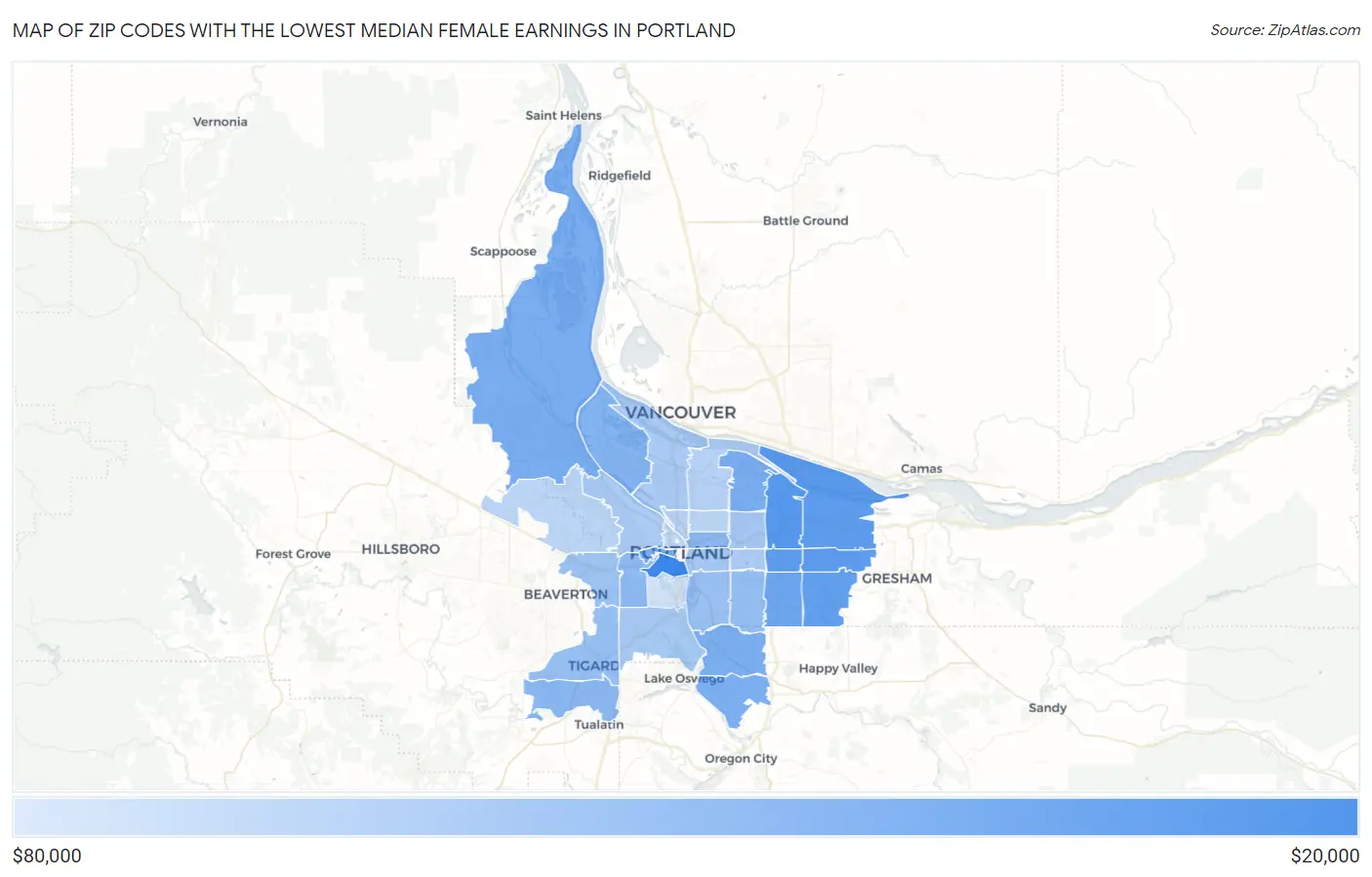 Zip Codes with the Lowest Median Female Earnings in Portland Map