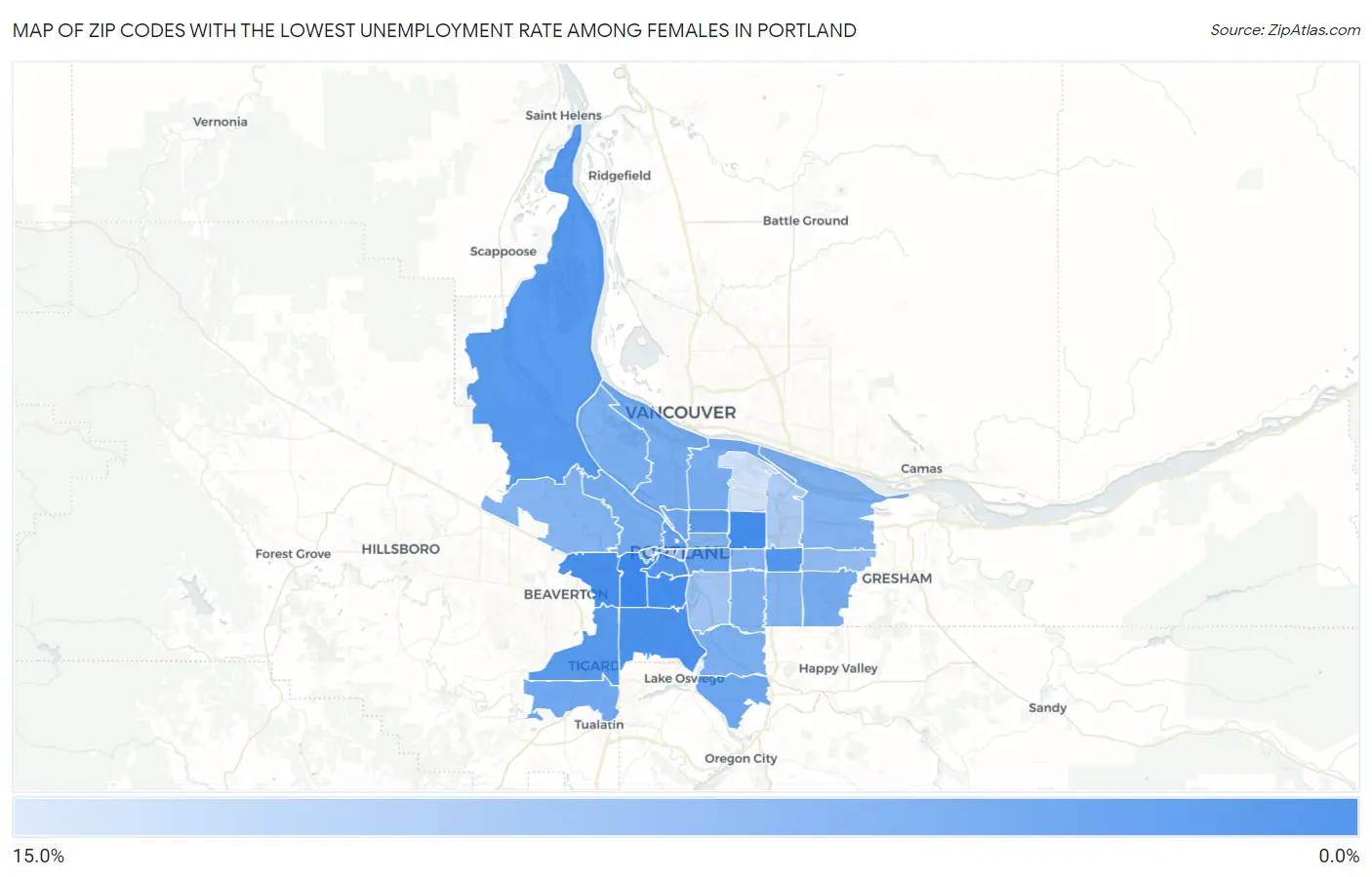 Zip Codes with the Lowest Unemployment Rate Among Females in Portland Map