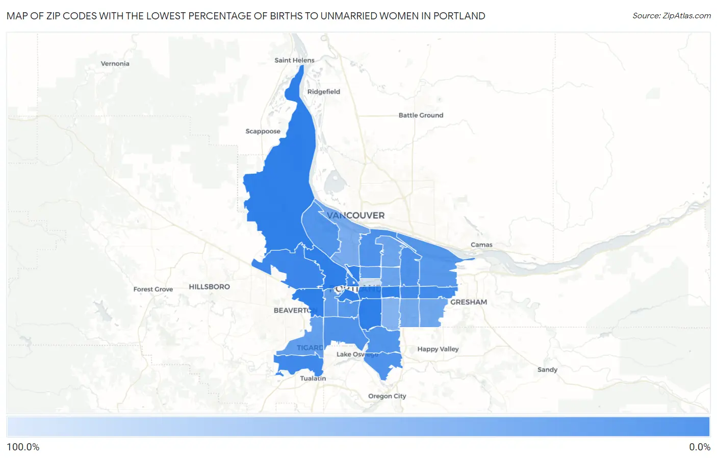 Zip Codes with the Lowest Percentage of Births to Unmarried Women in Portland Map