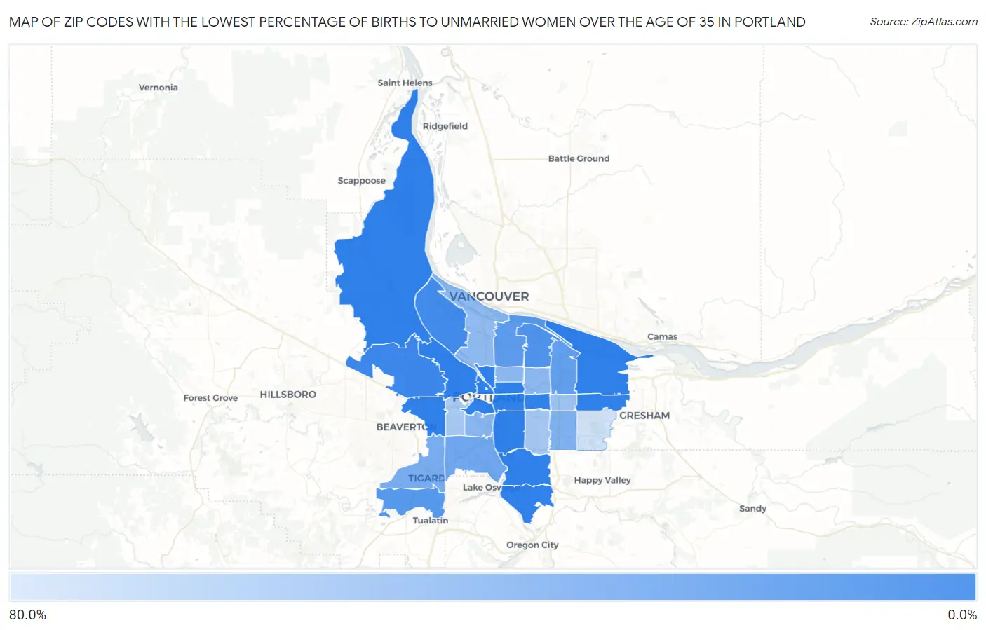 Zip Codes with the Lowest Percentage of Births to Unmarried Women over the Age of 35 in Portland Map